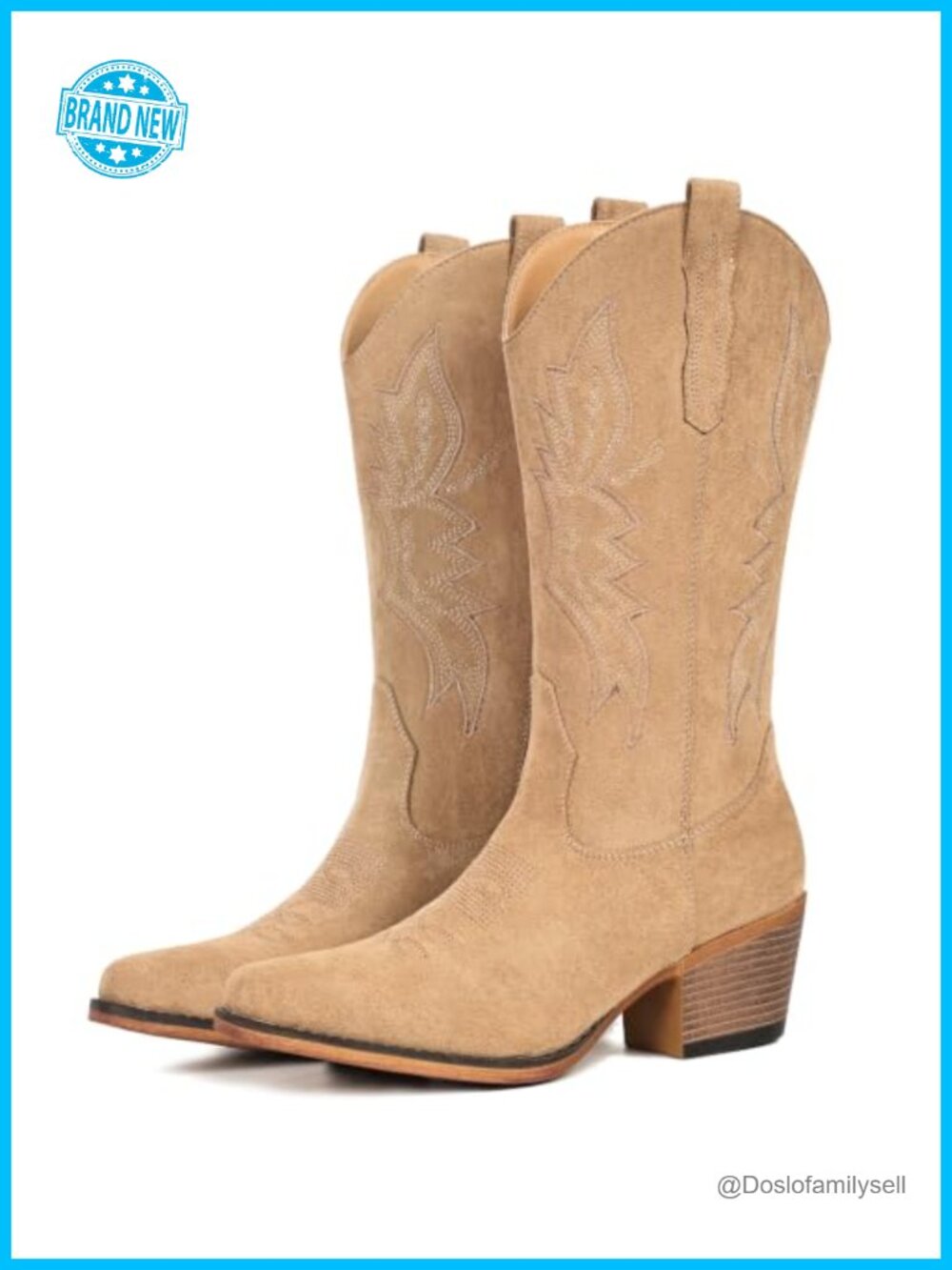 Suede Cowboy Boots Mid Calf Western Embroidered Pull-On Women